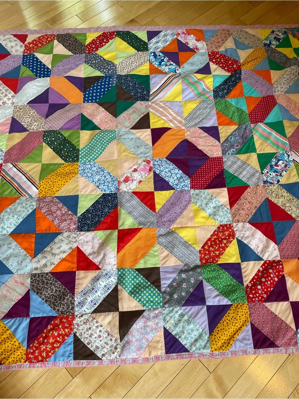 70’s Handmade Machine Zig Zag Stitch Multi Colored Patchwork Throw Lap Quilt